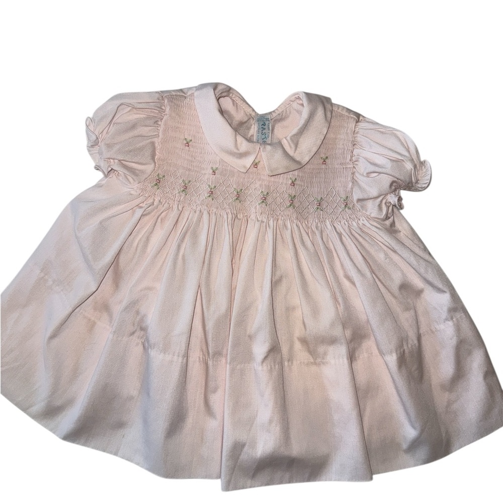 Vintage Pastels Baby Girl Pink Smocked Dress Hand Embroidered Floral Heirloom
